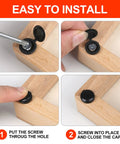 Easy installation guide for hinged plastic screw cover caps for exposed mounting screws, showing step-by-step of attaching caps on wood.