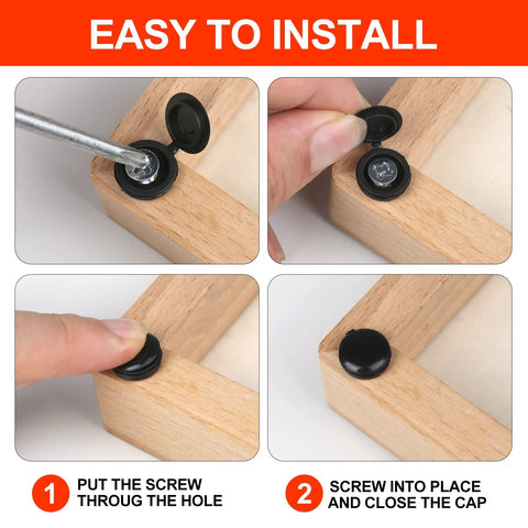 Easy installation guide for hinged plastic screw cover caps for exposed mounting screws, showing step-by-step of attaching caps on wood.