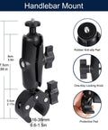 Dope Motorcycle Handlebar Magnetic Mount Kit For Action Cameras With 1/4 Inch Thread 360 Degree Rotating Ball Head Clamp Durable GoPro And Insta360 Mounts Works With X3 X4 X5 And GoPro Hero 13 12 11 10 9 8 shown with dimensions and features