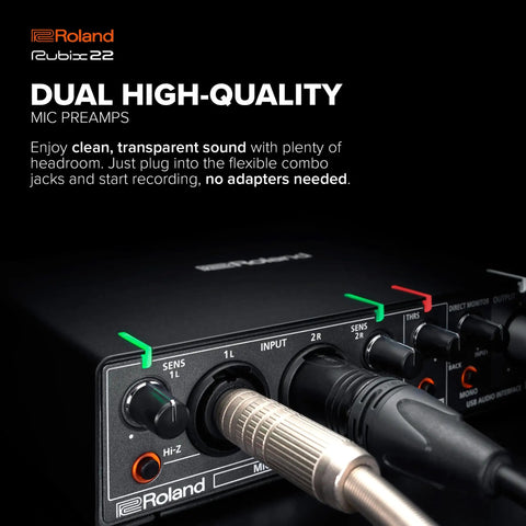 Close-up of 2 In 2 Out USB Audio Interface with low noise preamps, XLR combo jacks, Hi Z guitar input, MIDI I/O on a metal chassis.