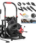 100 Foot Auto Feed Electric Drain Snake Auger For 2 To 4 Inch Pipes, showing machine with eight cutter blades and tool accessories.