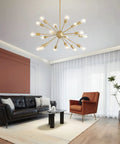 Sputnik Style Dope 15 Light Modern Ceiling Fixture Gleaming Gold Finish Semi Flush Mount Chandelier in living room setting