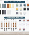 Knock Out Those Stubborn Scratches On Laminate Or Vinyl Wood Floors With This Hassle Free Repair Kit Including A Heat Pen Eleven Wax Sticks And Dual Tip Markers For A Smooth Furniture Touch Up showcasing 11 wax colors and 8 marker colors.