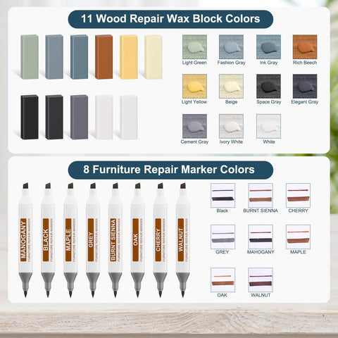 Knock Out Those Stubborn Scratches On Laminate Or Vinyl Wood Floors With This Hassle Free Repair Kit Including A Heat Pen Eleven Wax Sticks And Dual Tip Markers For A Smooth Furniture Touch Up showcasing 11 wax colors and 8 marker colors.
