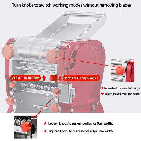 LEONEBEBE Electric Pasta Maker For Home Use Commercial Dough Sheeter Auto Noodle Press features knob controls for dough thickness.