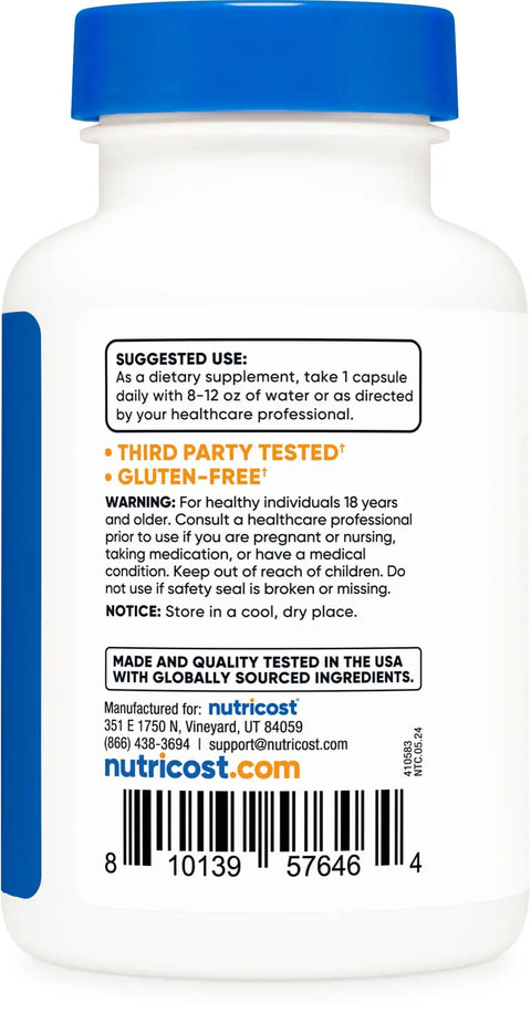 Back label of Lithium Orotate 10Mg Capsules, 120 Capsules, Vegan, GMO Free, Gluten Free Wellness Supplement bottle.