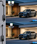 Level 2 Ev Charger With 40 Amp 240V Juice For Quick Hookups And A Heavy Duty 25 Ft Cord charging an electric car in a garage.