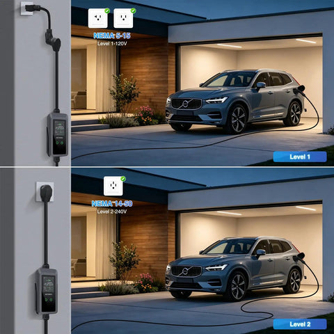 Level 2 Ev Charger With 40 Amp 240V Juice For Quick Hookups And A Heavy Duty 25 Ft Cord charging an electric car in a garage.