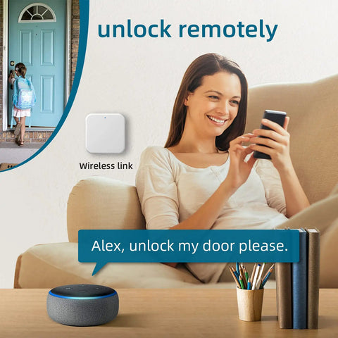 Woman uses phone with TTLock WiFi Gateway for Smart Locks Easy Bridging Hub with Alexa Voice Control Remote Unlocking Activity Logs.