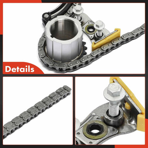 Close-up of 3 Piece Engine Timing Chain Kit with Sprocket and Tensioner for Chevy GMC and Cadillac V8 Cars and SUVs.