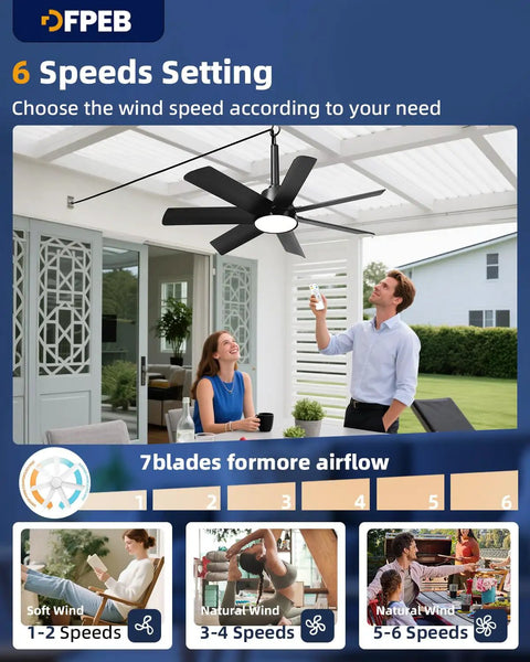 28 Inch Plug In Outdoor Ceiling Fan With Lights And Remote, LED Gazebo Hanging Fan shown installed on patio ceiling