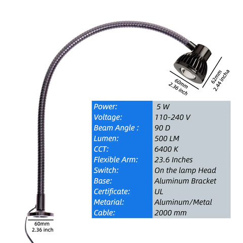 5W COB LED Work Light With Gooseneck Arm For Milling And Lathe, Bright 5000K Neutral White, 500 Lumens, Ra Above 85, Aluminum Base
