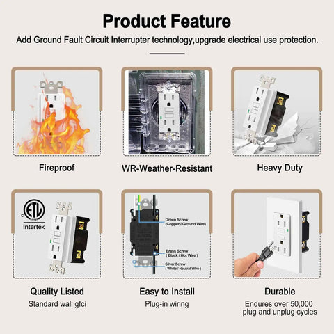 GFCI 15 Amp Weather Resistant Outlet Receptacle with LED Indicator Decorative Wall Plates Screws Included ETL Certified features