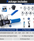 Package of Pro Grade Copper Tube Expander Hydraulic Swaging and Expanding Tool Kit with interchangeable heads shown