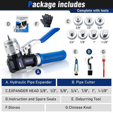 Package of Pro Grade Copper Tube Expander Hydraulic Swaging and Expanding Tool Kit with interchangeable heads shown