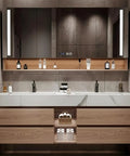 Top Tier Double Sink Bathroom Vanity Made From Solid Wood Featuring Integrated Ceramic Sink And Built In LED Defogging Mirror with elegant decor.