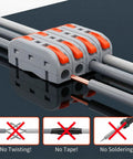 Huge 50 Piece Pack Of Lever Wire Connectors With Push In Tech For Super Easy Tool Free Hook Ups And Fast One to Inline Splicing On Wires From 28 To 12 Awg That Are Totally Reusable Durable Orange And Gray Colors Galore. Gray and orange lever wire connector with copper wires, 40x8.5x14mm, tool-free inline splice.