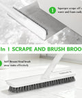 2 In 1 Floor Scrub Brush With Scraper, 48 Inch Adjustable Handle, Stiff Bristles For Tough Grime in action on tile surface