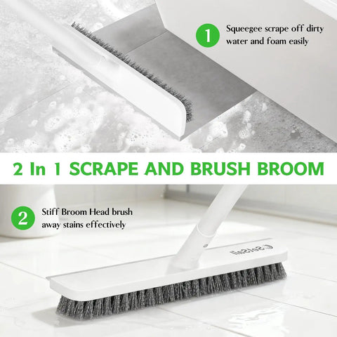 2 In 1 Floor Scrub Brush With Scraper, 48 Inch Adjustable Handle, Stiff Bristles For Tough Grime in action on tile surface