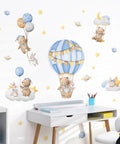 Blue Hot Air Balloon Wall Stickers With Cute Cartoon Bear And Rabbit, Stars And Planets Peel And Stick Decals For Nursery Decor