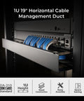 1U 19 Inch Horizontal Cable Management Duct with removable cover, installed in server rack, showing pass through slots and cables