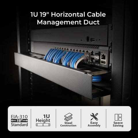 1U 19 Inch Horizontal Cable Management Duct with removable cover, installed in server rack, showing pass through slots and cables