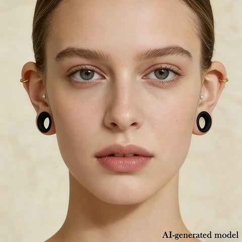 AI-generated model wearing All In One Black Silicone Ear Gauges Kit For Stretching Ears With 15 Sizes From 10G To 25mm