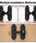 Wopanxye Flip Gate Latch for Barn Door showing multiple installation methods, including 90° left, 90° right, and 180° flat.