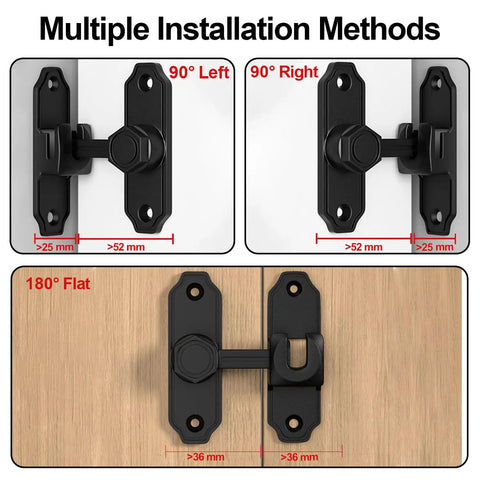 Wopanxye Flip Gate Latch for Barn Door showing multiple installation methods, including 90° left, 90° right, and 180° flat.