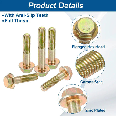 Top Shelf M8-1.25 Hex Flange Bolts Set Including Five Piece Zinc Plated Carbon Steel Fasteners With Partial Thread Design And Badass Grip Strength For Heavy Duty Garage Builds, showing full thread and flanged hex heads.