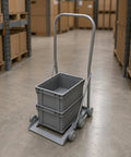 Open-Frame Hand Push Trolley With Low-Profile Base, Upright Handle, No-Fuss Easy-Roll Cart For Quick Hauls, Lightweight Utility Hand Cart For Warehouse, Shop, And Home Use, gray plastic bins