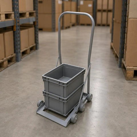 Open-Frame Hand Push Trolley With Low-Profile Base, Upright Handle, No-Fuss Easy-Roll Cart For Quick Hauls, Lightweight Utility Hand Cart For Warehouse, Shop, And Home Use, gray plastic bins