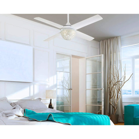52 Inch Brushed Nickel Indoor Ceiling Fan With Dimmable LED Light Kit, Crystal Jewel Shade in modern bedroom