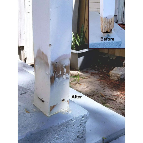 Wood Epoxy Repair Kit 2 Quart 2 Part Structural Epoxy Adhesive Filler For Wood Repair And Restoration Of Windows Doors Trim Posts And Columns This DIY Friendly Putty Seals Fills And Rebuilds Damaged Wood With 20 To 30 Minute Pot Life applied on a porch post before and after restoration.