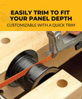 Solid Black Two Point Five Inch Dual Sided Grommets Tailored For Cabinetry And Custom Workspaces Snap Together Quick For A Slick No Sweat Professional Finish, being trimmed for custom fit.