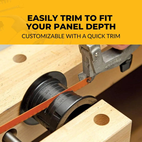 Solid Black Two Point Five Inch Dual Sided Grommets Tailored For Cabinetry And Custom Workspaces Snap Together Quick For A Slick No Sweat Professional Finish, being trimmed for custom fit.