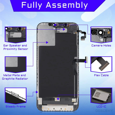 Iphone 12 Pro Max 6.7 Inch LCD Screen Replacement Kit With 3D Touch Digitizer Full Assembly Ear Speaker Proximity Sensor And Waterproof Adhesive Repair Tools A2342 A2410 A2411 A2412 showing front view with components labeled