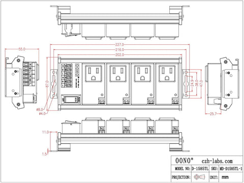 4 Channel IoT Relay Outlet Module For AC Power With Built In 10A Relays, DIN Rail Or Screw Mounting, Plug And Play Controller Integration With Arduino Raspberry Pi ESP32, Reliable Home Automation And Industrial Projects. Technical drawing with 4 outlets and dimensions.