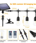 Diagram of Solar String Lights Outdoor 100ft With Remote Control Dimmable Patio Lights 32 Shatterproof Bulbs, components labeled.