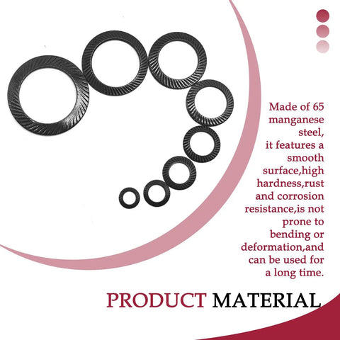 No Flex 100 Piece Set Of M4 Wedge Locking Washers Made From Tough Heavy Duty Black 65 Manganese Steel With A Double Sided Grip For Construction And Home Fixes - showing different sizes of washers.