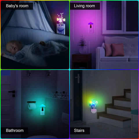 Six Pack Mushroom Night Light LED Plug In Lamp with Dope Seven Color Changing Glow in various home settings.