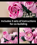 Botanicals Pink Rose Bouquet Buildable Flowers Set For Adults 18 Plus Gift For Her Home Office Decor Shelf Or Room Display Cool DIY Flower Arrangement 10374 pink LEGO-style rose close-up with buds and instructions
