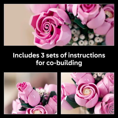 Botanicals Pink Rose Bouquet Buildable Flowers Set For Adults 18 Plus Gift For Her Home Office Decor Shelf Or Room Display Cool DIY Flower Arrangement 10374 pink LEGO-style rose close-up with buds and instructions