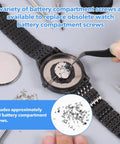 Straight Up Premium Watch Battery Clamp Screws Assortment Kit Hella Sturdy Stainless Steel Hardware No Hassle Essential For Precision Watchmaker Repairs And Dial Fixes, shown with watch and screws.