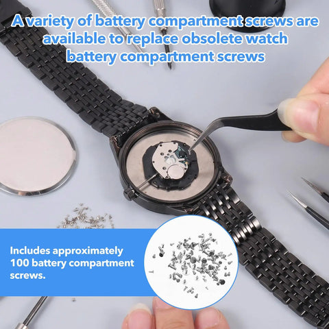 Straight Up Premium Watch Battery Clamp Screws Assortment Kit Hella Sturdy Stainless Steel Hardware No Hassle Essential For Precision Watchmaker Repairs And Dial Fixes, shown with watch and screws.
