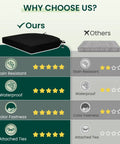 Comparison chart showing black cushion features against competitors, highlighting stain resistance, waterproof, and attached ties.