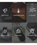 Icons illustrating waterproof, temperature-proof, X-ray proof, magnet-proof, drop-proof, wearout-proof features of 128GB MicroSDXC Memory Card With Adapter For Dashcams Security Cameras Tablets Phones Drones And Consoles Snappy Speeds Up To 90 MB Per Second Read And 50 MB Per Second Write UHS I C10 U3 V30 A1 Rated.