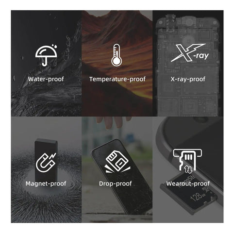 Icons illustrating waterproof, temperature-proof, X-ray proof, magnet-proof, drop-proof, wearout-proof features of 128GB MicroSDXC Memory Card With Adapter For Dashcams Security Cameras Tablets Phones Drones And Consoles Snappy Speeds Up To 90 MB Per Second Read And 50 MB Per Second Write UHS I C10 U3 V30 A1 Rated.