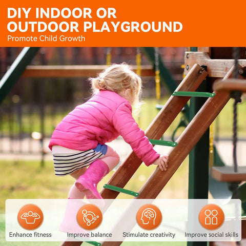 Child climbing on a playset ladder with 21 Inch Monkey Bars Kit Playground Rungs For Backyard And Indoor Outdoor Use. Enhance fitness and balance.