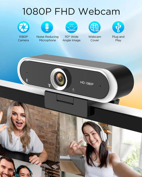Solid 1080P Web Cam With Built In Mic And Privacy Cover For Usb Pc Or Laptop, featuring a 1080P camera and wide angle lens.